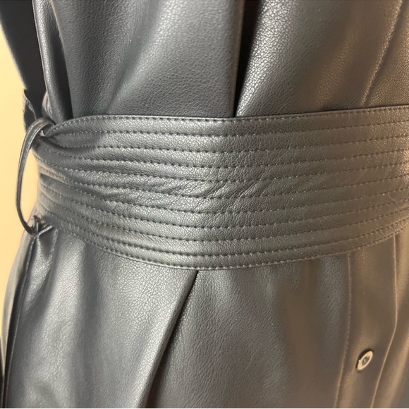New! GRACIA Puff Sleeve Vegan Leather Trench Coat Midi Dress - Picture 12 of 16